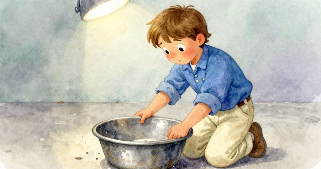 Pearl彎腰檢視磨損盆內沾有奶油般糊狀物與藍色紙巾碎片,地面留有粉筆痕跡,環境呈現細膩內部空間