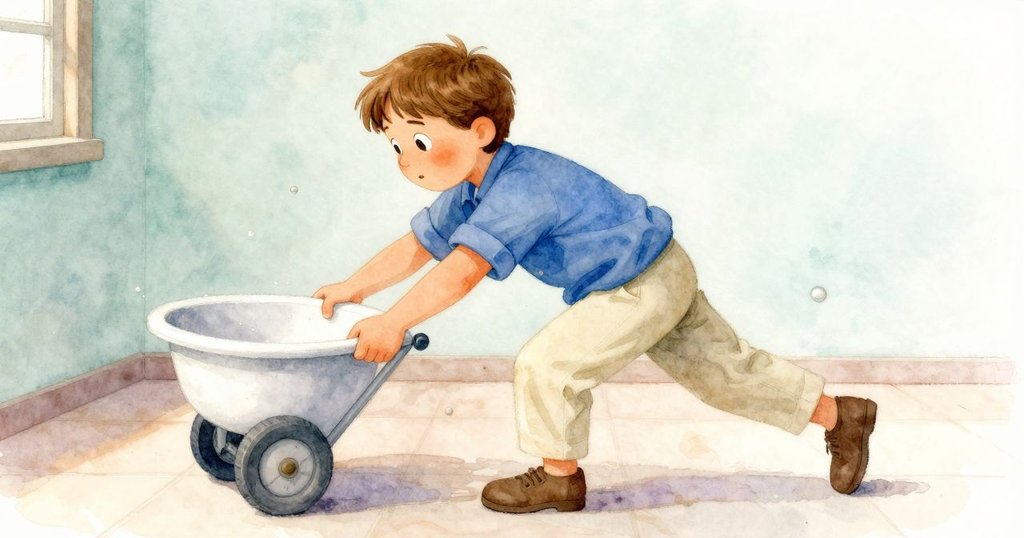 在小屋過渡空間中,Pearl迅速調整動作,將前臂滑入盆邊,旁邊滾動的推車和散落木板豐富情節