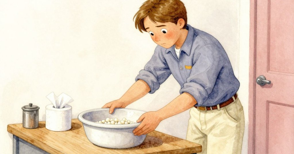 Pearl在供應桌前小心放下金屬盆,臉上流露專注與決心,桌上藍色紙巾捲及工具整齊陳列