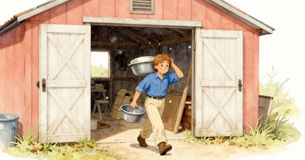 Pearl堅定地提著金屬盆走向敞亮出口,步伐穩重,背景顯示小屋室內外過渡,暗示故事續篇