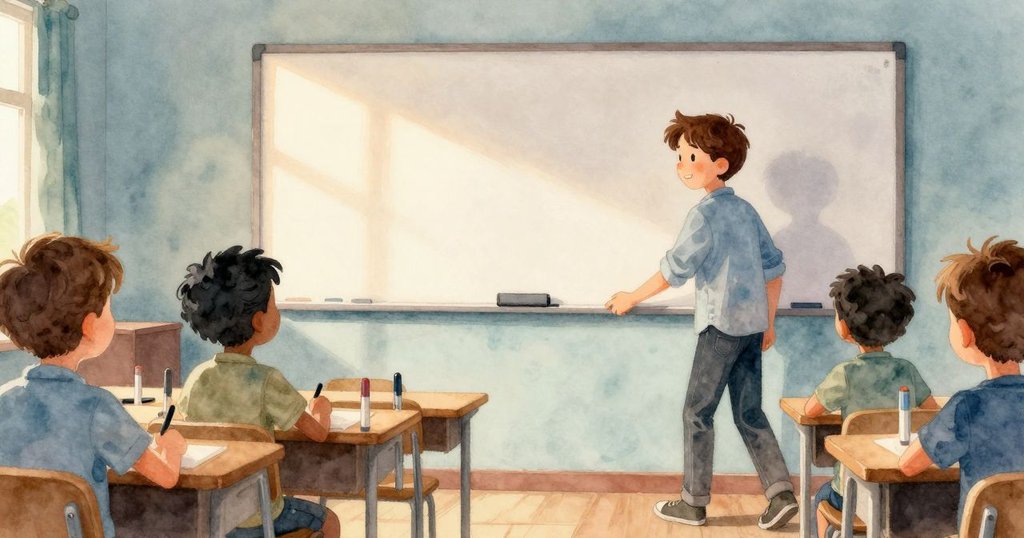 芬恩走進會議室，室內光線溫暖，桌上排列著彩色筆和光亮白板，情緒平靜準備工作