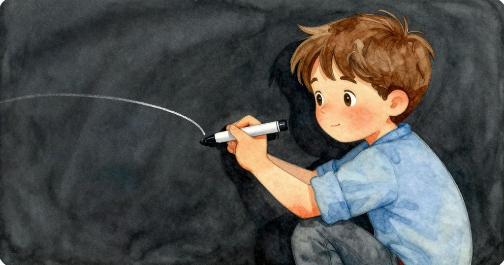 芬恩的手握著彩色筆，在白板上劃出清晰線條，特寫鏡頭展現專注細節，室內光線柔和