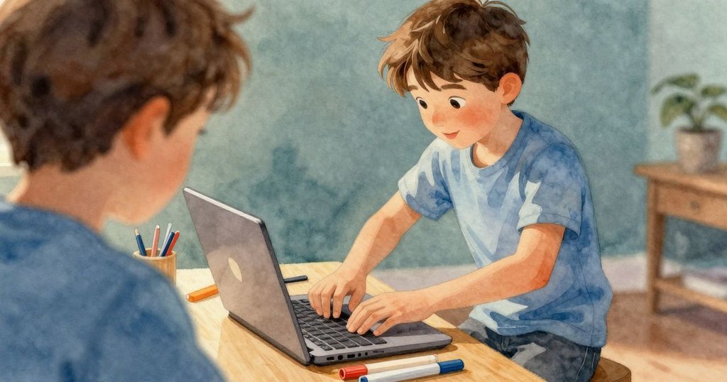 透過背影看芬恩整理筆記型電腦與白板，擺放著彩色筆和橡皮擦，專注規劃工作欄位