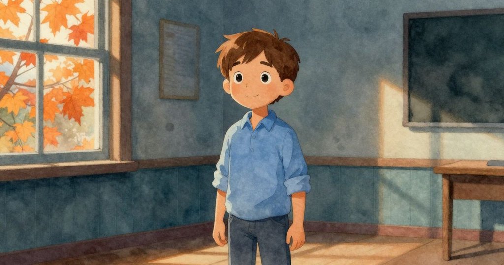 芬恩在會議室中工作，透過窗戶可見秋天落葉和橙色陽光，場景溫馨舒適