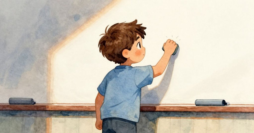 芬恩面露憂慮試用淡藍色筆觸，用橡皮擦擦拭白板上的線條，表情堅定面對挑戰