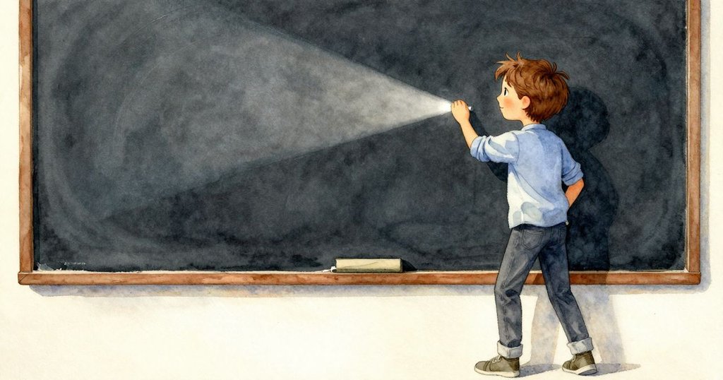 芬恩退後檢視工作成果，白板上關鍵字清晰映照投影光，袖口上有穀物碎片，神情溫和滿意