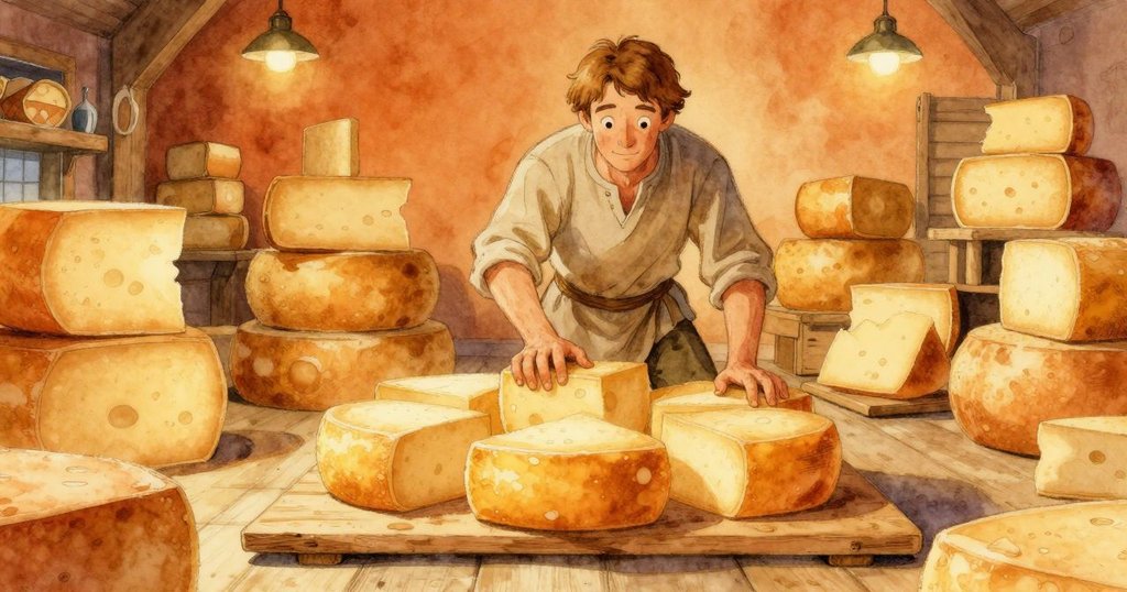 弗雷澤在古老工坊內輕柔地推動圓形起司輪，神情專注，溫暖光線映照著木製工作桌，準備開始細緻的工作