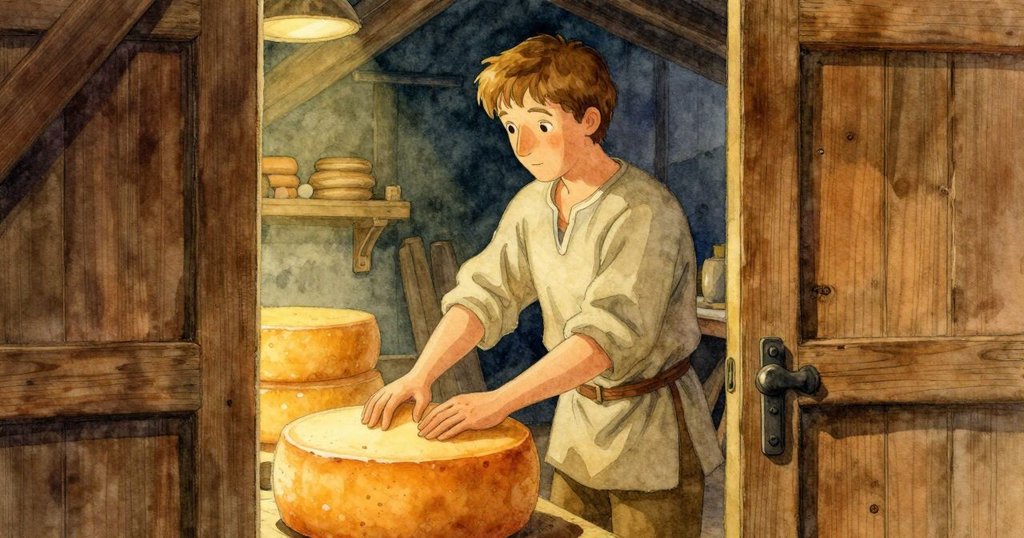 透過微開橡木門窺視，弗雷澤正專心將起司輪調整至新凹槽中，穩定室內環境散發溫暖氣息，動作專注