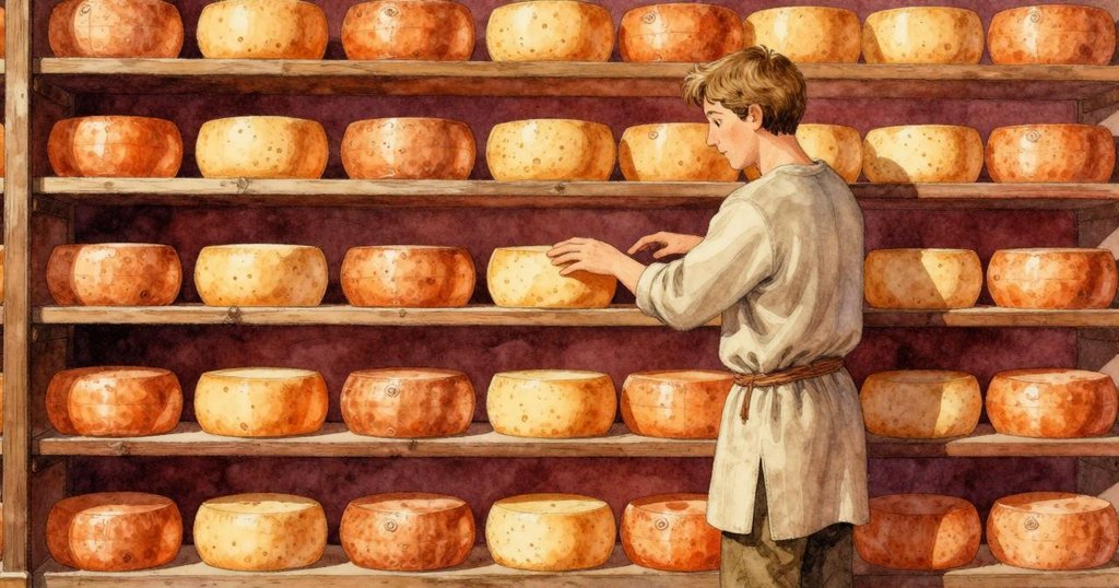 弗雷澤正精心旋轉起司輪，使每道淡粉紋理與凹槽完美匹配，畫面呈現出奇妙幾何美感與手工藝細節