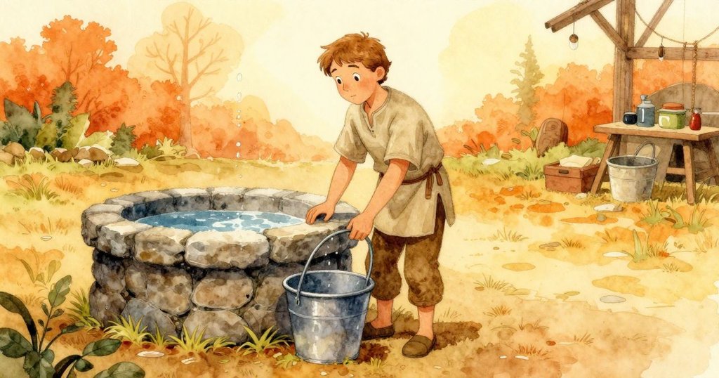 弗雷澤站在石質洗滌池邊，水滴閃爍映亮工作區，整理完畢後滿懷成就感，展現迎接新挑戰的堅定目光