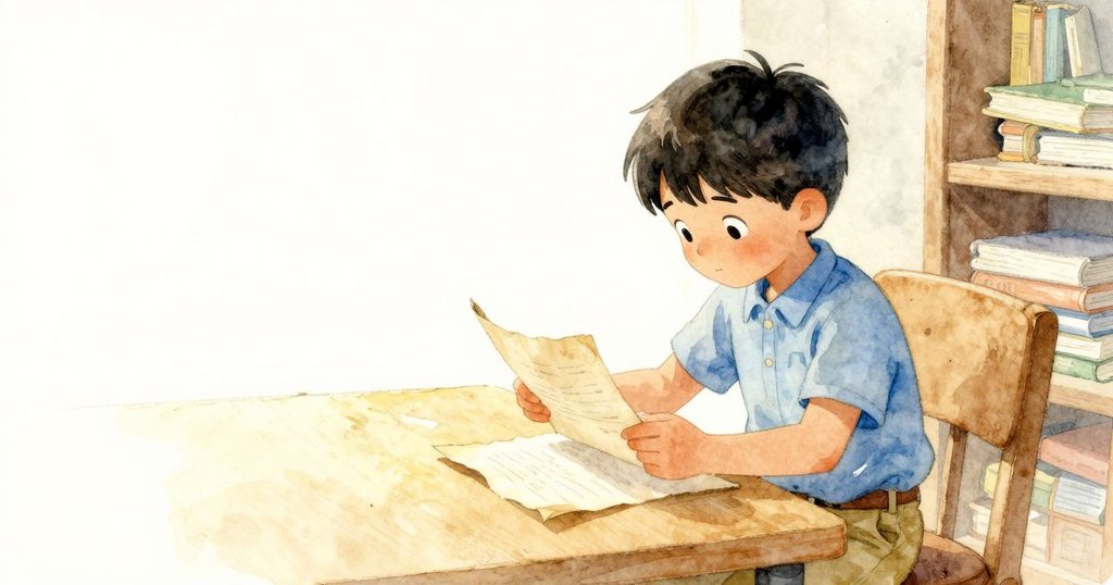 Jarvis 在安靜的自習角檢查帶有黏膠痕跡的紙條,光線溫暖,場景充滿書香氣氛