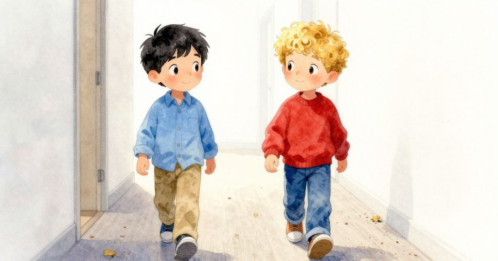 Jarvis 與 Zeke 在地毯走廊前行,灰塵隨步伐飄散,表情專注探索,燈光明亮