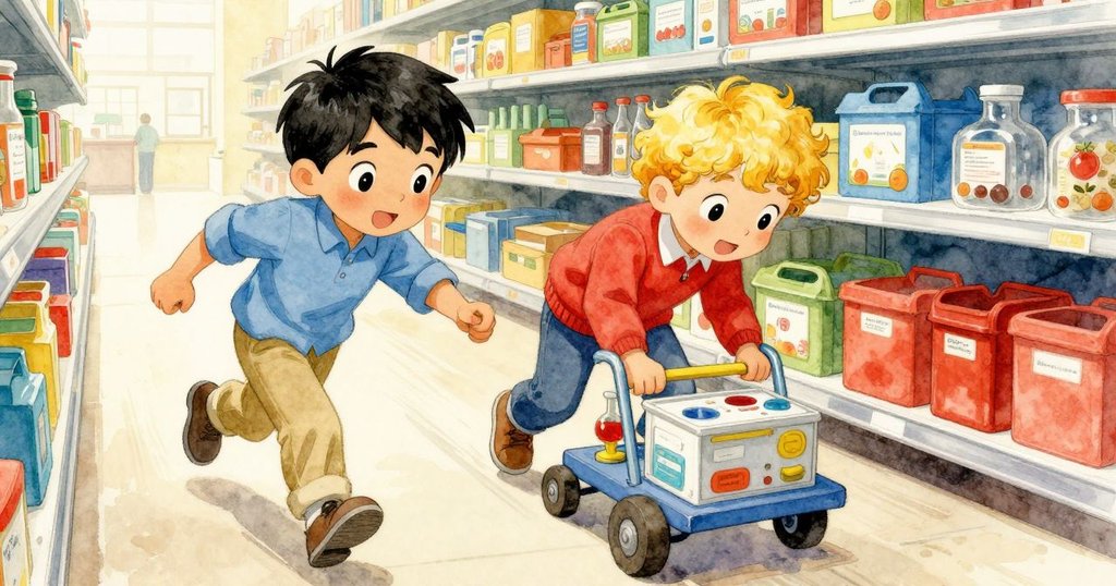 Jarvis 與 Zeke 靠近回收車,觀察科學套件中透明管緩慢下落,現場充滿探索感與柔和燈光