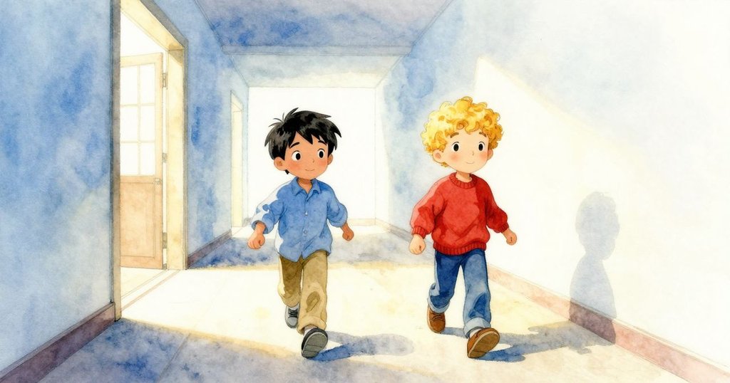 Jarvis 與 Zeke 穿過明亮開放的走廊,迎向新冒險,表情中帶著希望與決心,場景充滿動感