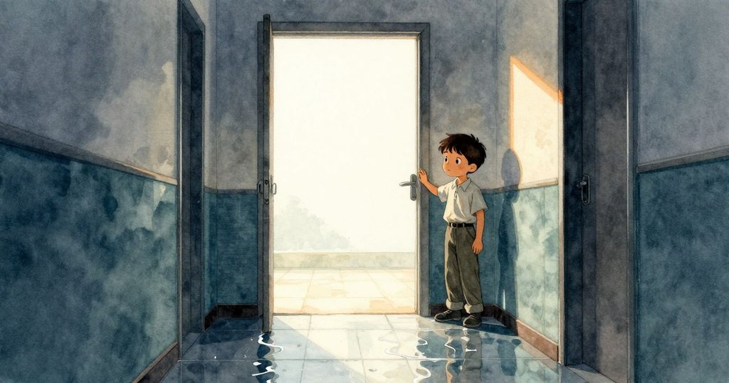 Kent站在光亮走廊中，靠近供應室門，水跡反射光線，小蟾蜍悠然爬過地面，情境安靜。