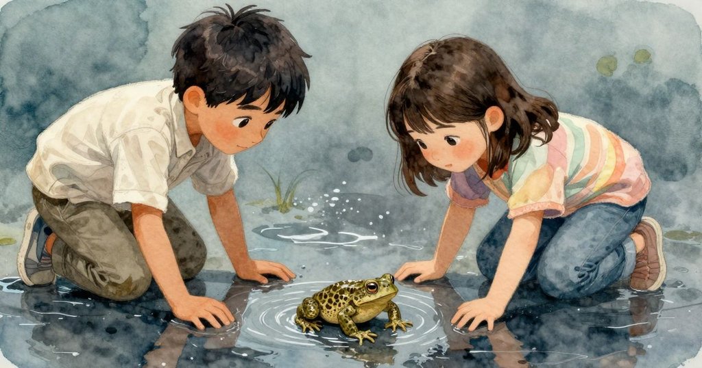 蟾蜍細部特寫在濕潤地面上攀行，粗糙皮膚與水光交織，展示細緻自然情境。