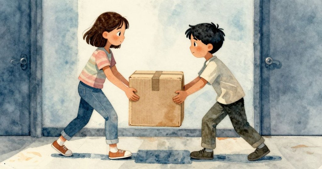 Ruby與Kent分畫面，一邊Ruby平穩行走，一邊Kent費力推擠卡紙箱，表情堅定，走廊環境溫暖有序。