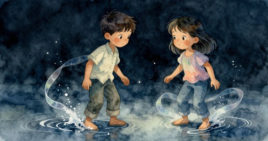 近景呈現濕潤水帶從窗隙流下，水花與塵埃交織，蟾蜍好奇靠近光澤濕面，細節豐富。