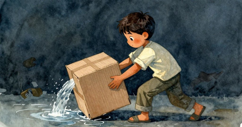 Kent全神貫注轉動沉重盒子，使其擋住水流，表情堅毅且略帶釋放緊張情緒，空間動態強烈。