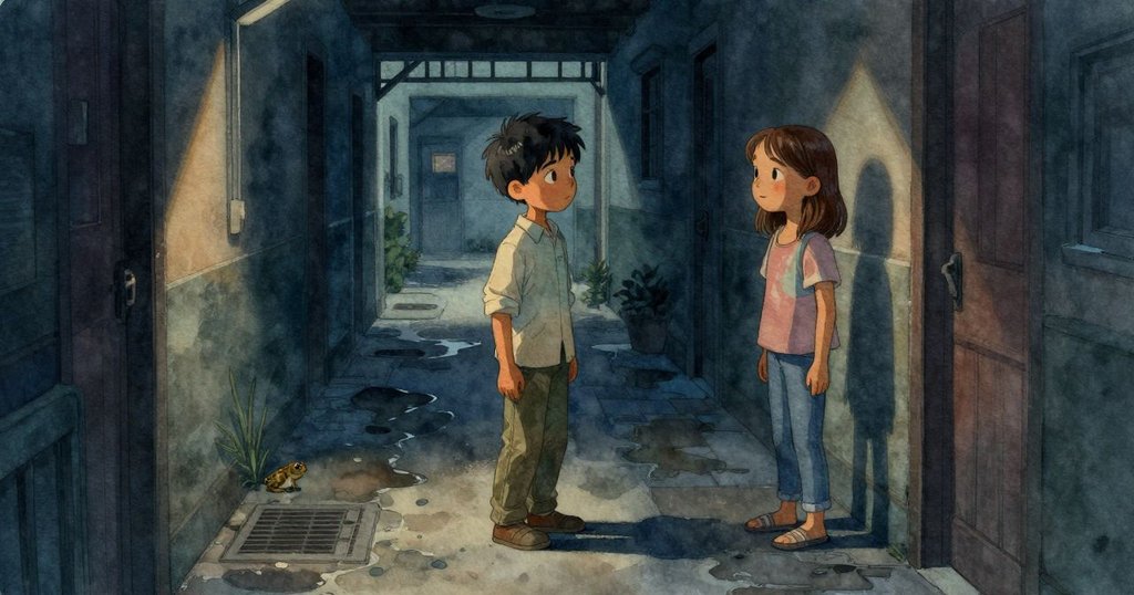 傍晚走廊水跡漸消，微光映照下蟾蜍安靜守候滲水口，展現寧靜延續故事氛圍。