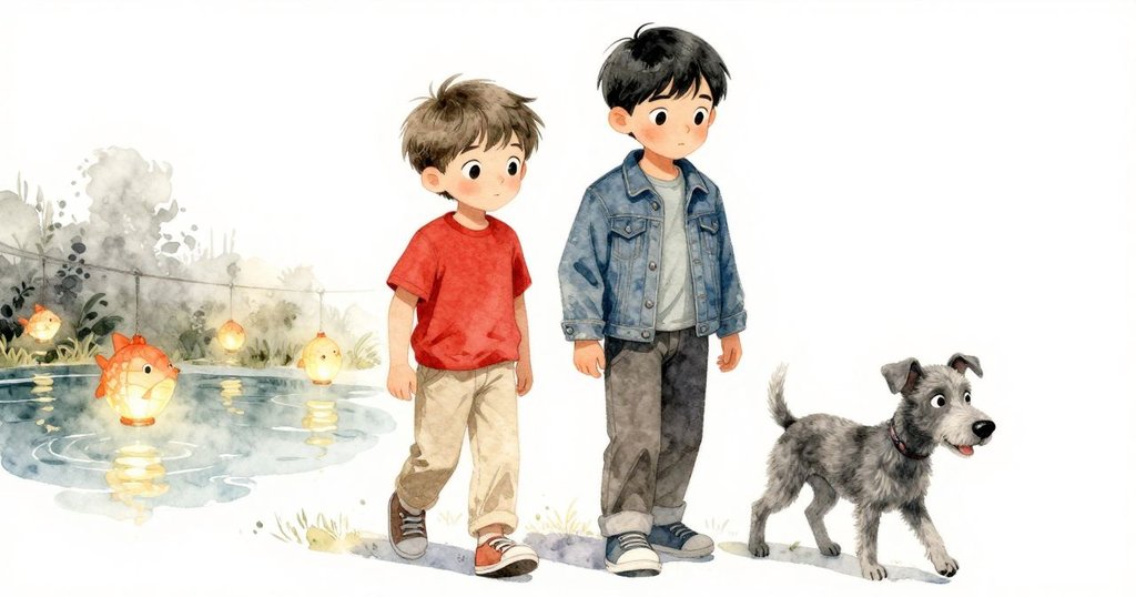 Luke與Wade和灰色小狗在柔和光線下走在反射池邊,燈籠高懸,泥土緊實,場景寧靜且充滿探索感