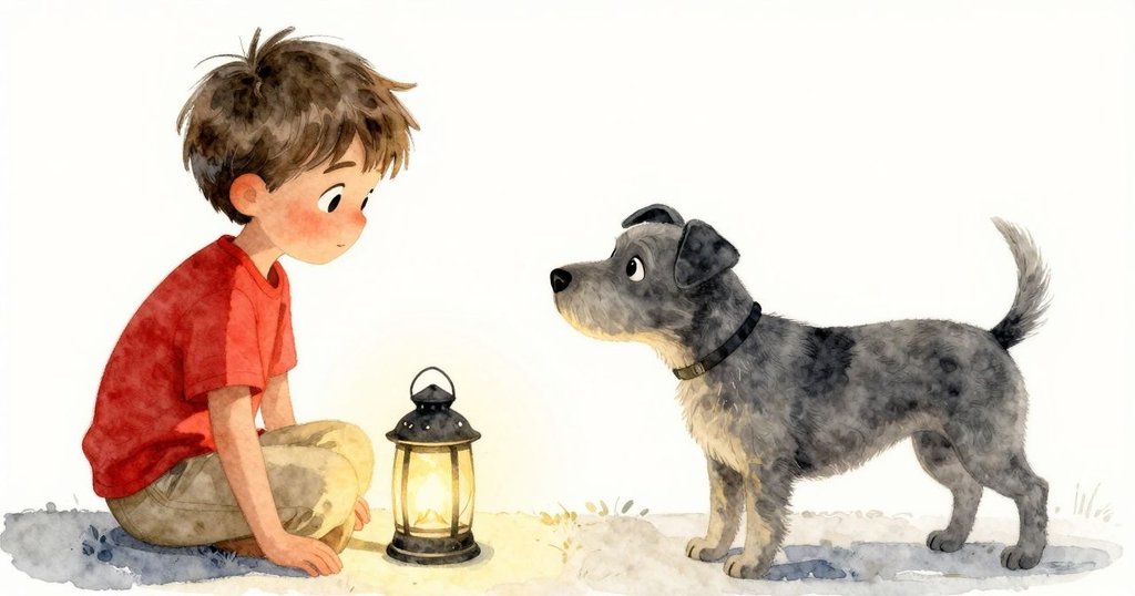 夜幕低垂,Luke靠在大石上靜思,注視著柔和燈光帶來的步階光影,灰色小狗安卧身旁,氛圍平靜溫馨