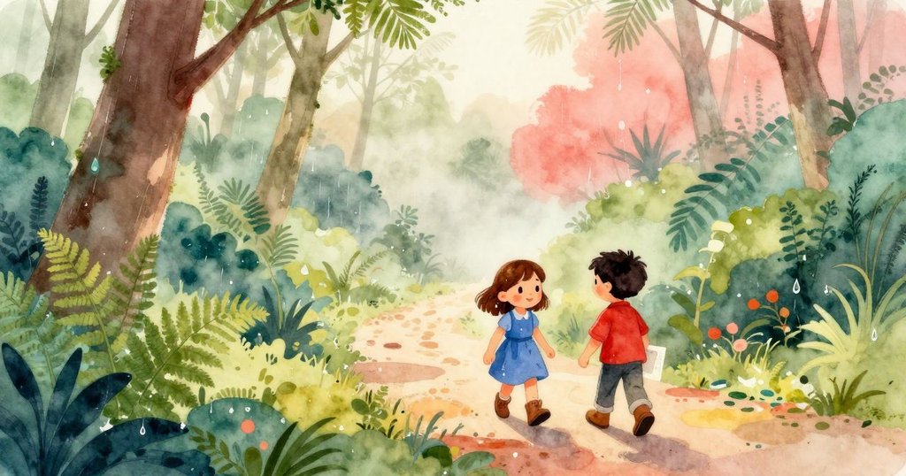 迪娜和馬克在濃霧中踏上濕潤森林小徑,臉上流露出期待與輕快心情,背景有滴水樹枝與蕨類植物