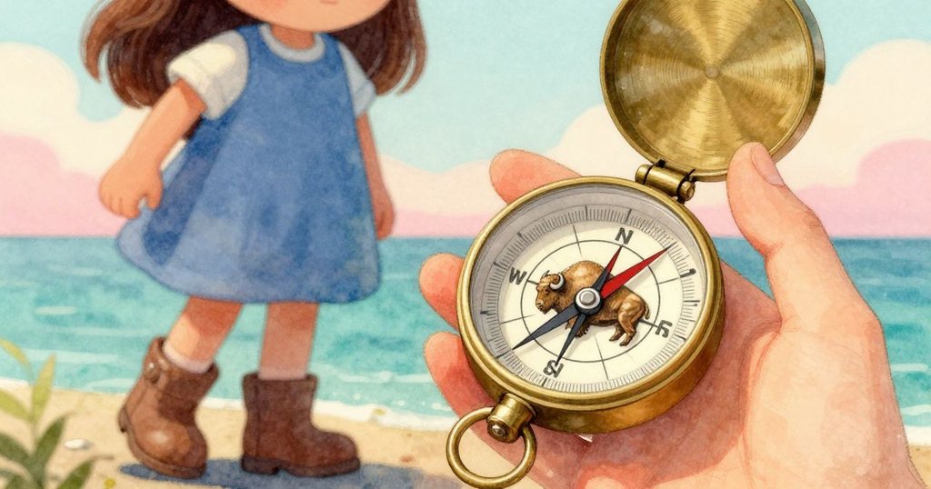 迪娜專注地檢視懷中的銅製指南針,指針和浮雕野牛清晰可見,背景隱約呈現森林氛圍