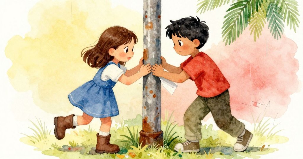 馬克伸出細木棍幫助檢修斑駁指針,迪娜專注地用棍子刮除苔蘚,兩人互相協作,背景呈現濕潤森林