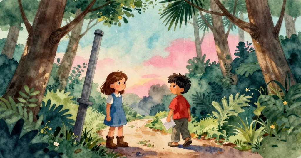 迪娜與馬克停在分岔路口,凝視斑駁指針與濕潤的森林背景,兩人神情充滿思索與猶豫