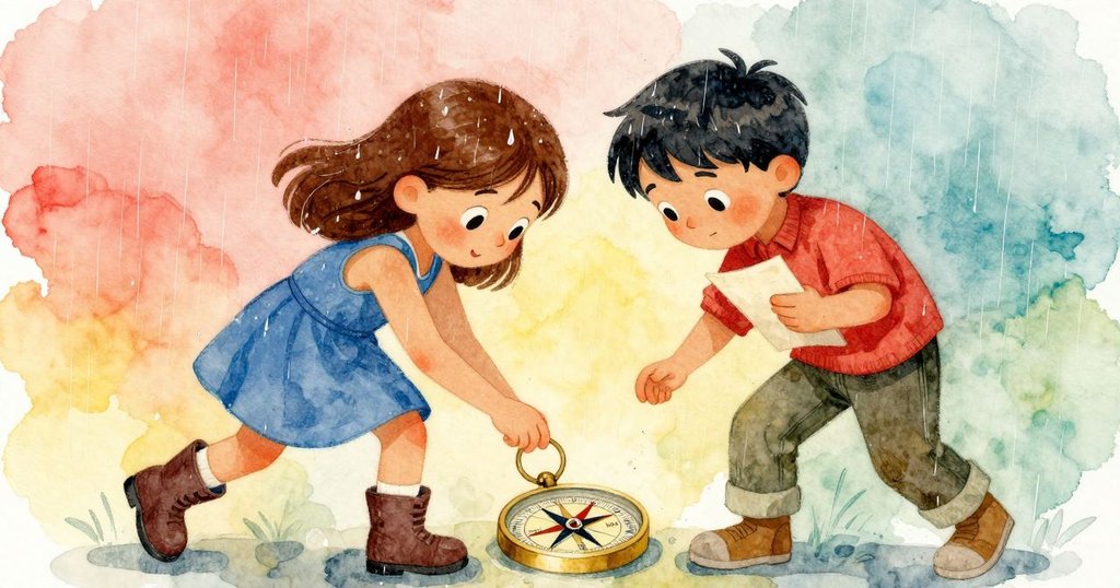 馬克調整指南針指向東方,迪娜聚精會神地觀察,微雨中兩人神情堅定,場景充滿期待與行動感