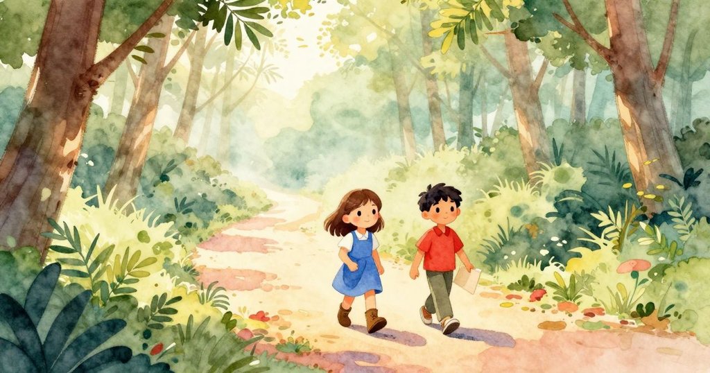 迪娜與馬克在溫暖光線中沿森林小徑前行,晨霧逐漸散去,兩人充滿信心並肩向東,背景展示自然明亮景色