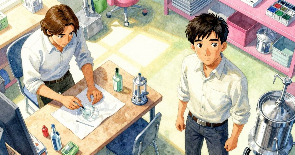 在明亮的工作室裡，Keane在桌上操作玻璃瓶，Blake在旁邊數數，整個場景井然有序且充滿細節。