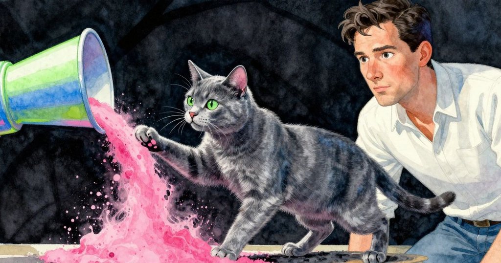 以傾斜角度呈現，工作室貓伸尾觸碰漏斗，玫瑰砂偏離中心形成歪斜粉紅線條，突顯意外瞬間。