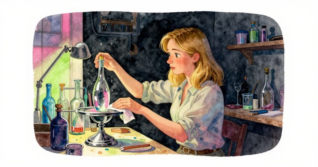 在隱蔽的工作室角落，Dina手持布墊穩定旋轉瓶子，使混合顏色交織出精美圖案，展現專注與溫柔。