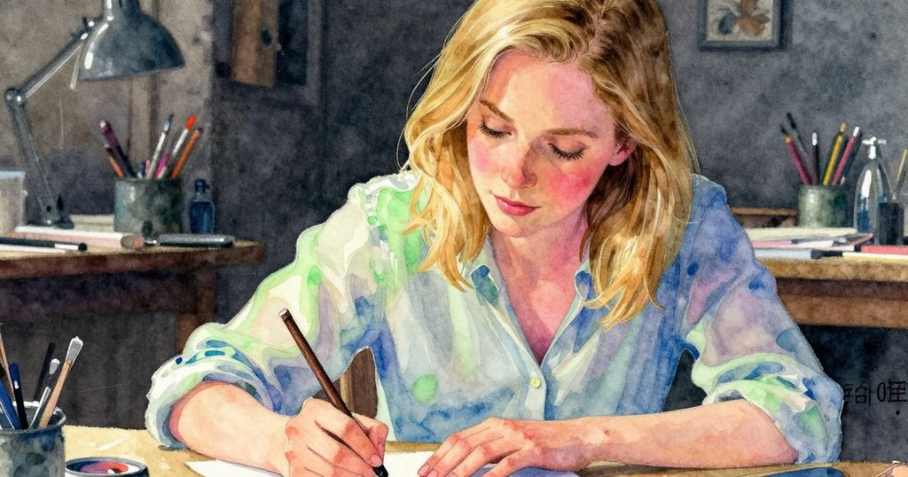 在靜謐時刻，Dina用細棍勾勒出最終線條，粉灰色交織，工作室安靜，貓咪安然休息，展現創作完結感。