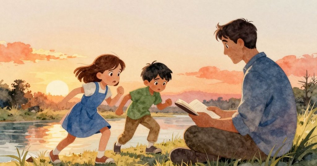 諾艾米和阿特拉斯在河邊與父親會合, 父親坐在岩石上讀書, 天空溫暖, 氣氛充滿期待與活力
