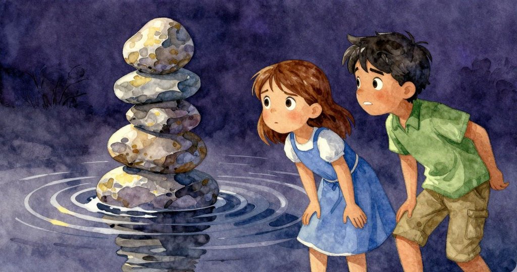 透過波光粼粼的水面, 諾艾米與阿特拉斯觀察石塔基礎顫抖, 表情中充滿不安和決心, 氣氛略顯緊張