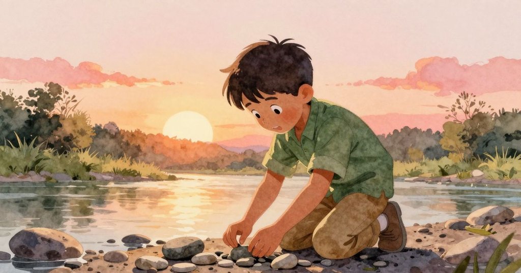 阿特拉斯在河邊另一區域忙著收集石頭, 與自然環境互動, 陽光溫暖, 場景充滿探索與生氣