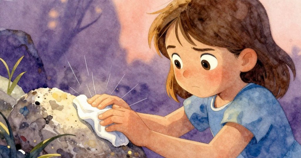 諾艾米專注地擦拭石頭, 發現上面微妙蒸發的水膜, 臉上流露出驚喜與專注, 細節豐富