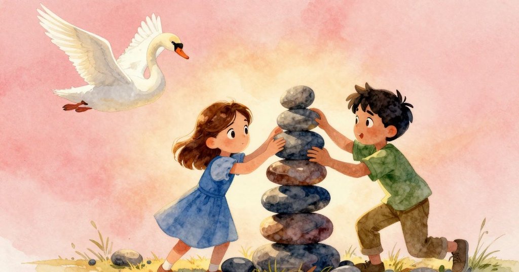 在微風停歇時, 諾艾米和阿特拉斯同步放下最後的石頭, 完成堅固的塔樓, 背後優雅的白天鵝掠過河面, 充滿勝利感