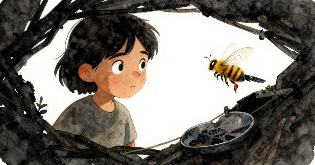 透過縫隙觀察，Opal工作環境中蜜蜂飛起，衣繩上麻雀活躍，蠟塊微裂，使畫面充滿生動互動