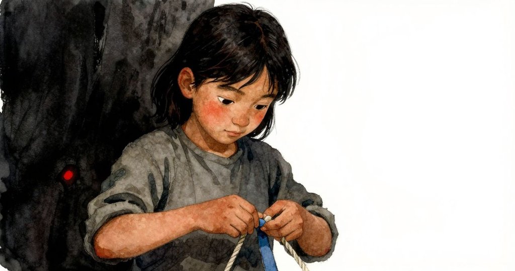 Opal專注托住繩索調整懸掛藍蠟條，表情堅毅，風中藍條輕輕擺動，庭院背景細膩呈現