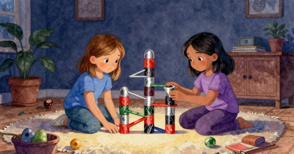 Tatum 和 Lily 在溫馨客廳中佈置管道及彈珠裝置，專注準備遊戲，環境細節豐富，充滿期待氣氛。