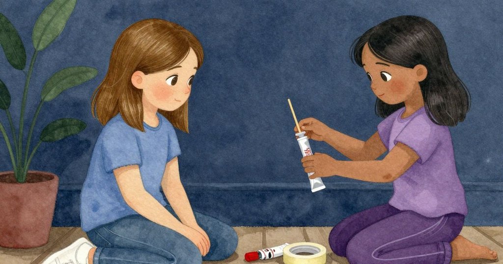 Tatum 用木棒調整管子，Lily 認真繞上新膠帶，兩人合作修復裝置，場景細膩溫暖充滿創意。