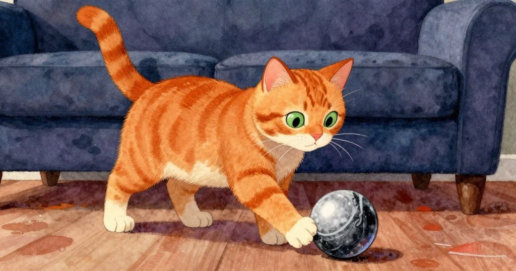 橙色虎斑貓在沙發下好奇輕拍滑動中的彈珠，隱藏空間中透露出溫馨俏皮的家庭氛圍。