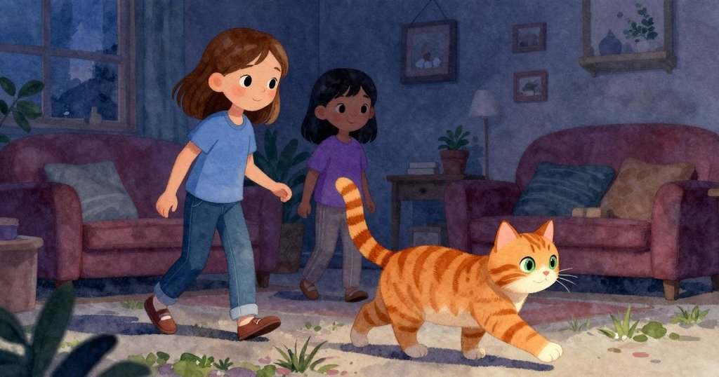 虎斑貓帶著鈴聲慢慢離去，Tatum 與 Lily 微笑著告別挑戰，客廳充滿平靜溫馨的結局氛圍。