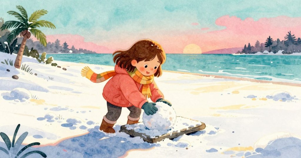 Reese在雪地裡認真製作雪球，陽光斜照形成明暗對比，石板與雪景襯托出冬日神秘氛圍。