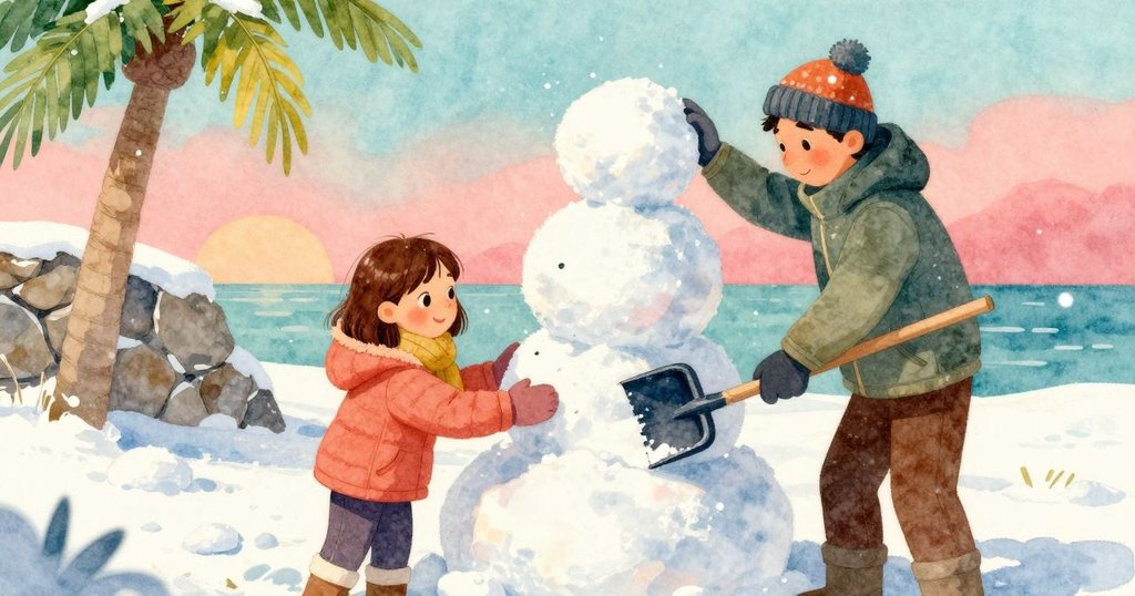 Reese小心將雪球放上分層堆積的雪燈，背景中父親揮動鏟子清理積雪，整個場景細膩展現冬日製作過程。