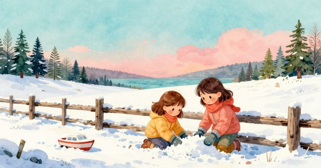 Reese在冬季花園中撿取新雪，雪松籬笆旁半埋著玩具船，寬闊景致展現雪天獨特季節美感。